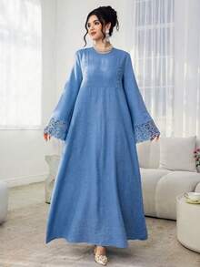 Al Najma 女士圆领拼接缎带休闲派对阿拉伯风格连衣裙 - 藍色 - 查看 3