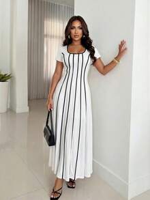 Xyvia Women's Summer Elegant Casual Commuter Brunch Vacation Dress, Black And White Striped Contrast Color, Square Neck Short Sleeve Fitted A-Line - White - View 5