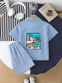 SHEIN Bộ 3 món cho bé trai: áo sơ mi denim, quần short và áo phông in hình trái cây, trang phục thường ngày cho kỳ nghỉ hè. - Màu xanh lam - Xem 2