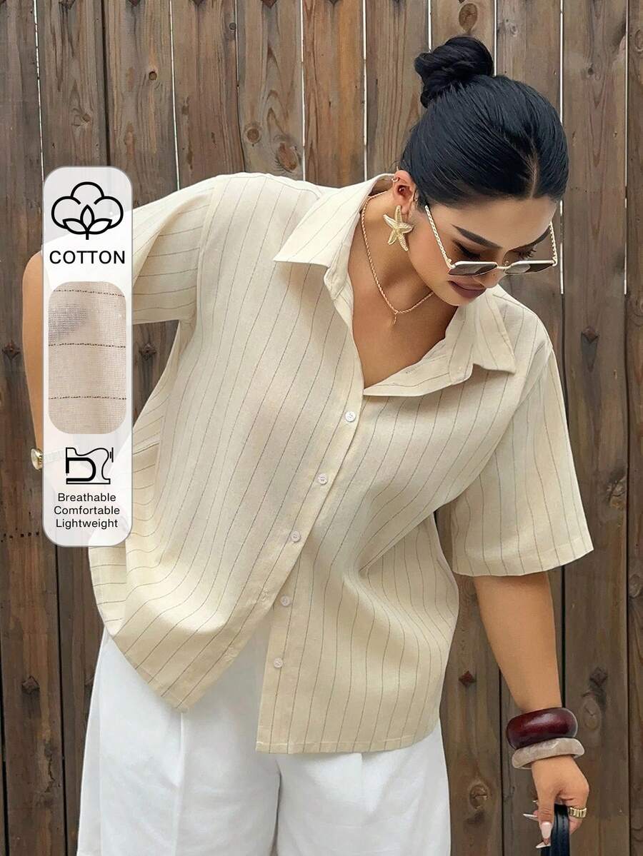 Dazy Plus Áo sơ mi đen dáng rộng, tay ngắn, kẻ sọc, kiểu dáng thường ngày. - Màu Mù tạt vàng - Xem 1
