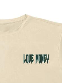Manfinity EMRG 男士米色街頭風短袖T恤，夏季城市度假，哥德體Love Money英文文字，美鈔圖案，財富美式復古風 - 卡其色 - 查看 3