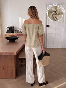 Easowa Áo sơ mi tay phồng trễ vai, chất liệu vải dệt jacquard thêu hoa, kiểu dáng thoải mái, thanh lịch, phù hợp cho công sở, đi nghỉ dưỡng, phong cách vintage, mùa xuân/hè. - Màu Khaki - Xem 5