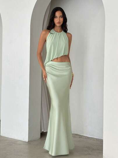 Aloruh Women's Elegant Green Knit Crepe Patchwork Sexy Party Dress, Backless Vacation Dress,Solid Color Dress,Work Dress,Country Concert Outfit,Formal Dress,Vacation Dresses,Summer Holiday Outfits,Holiday Dress,Birthday Dress,Going Out Outfits,Ceremony Dress,Graduation Dresses,Beach Dresses,Wedding Guest Party Dress,Party Dress,Festival Outfits For Women,Music Festival Concert,Tea Party,Dating,Brunch Outfits For Women,Greek Dress
