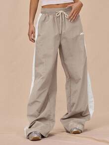 MUSERA Drawstring Waist Nylon Contrast Panel Wide Leg Tracksuit Bottoms Only Airport Casual Summer Holiday - Grey - View 2
