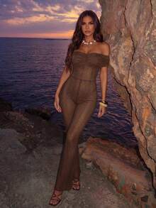 SHEIN Allurite Mono transparente con hombros descubiertos de moda y sexy para mujer - Café integral - Ver 5