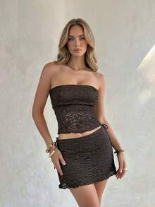SHEIN Glamour Bộ hai mảnh áo không tay ren màu xanh quân đội và chân váy ngắn, phong cách gợi cảm, sang trọng cao cấp, trang phục lễ hội âm nhạc mùa hè, phong cách đường phố, trang phục đi xem hòa nhạc, trang phục đi hộp đêm, trang phục hẹn hò, trang phục sinh nhật cho nữ, đồ cần thiết cho tiệc tùng, bộ đồ cơ bản, trang phục đi chơi, trang phục du lịch biển và kỳ nghỉ hè. - màu nâu - Xem 4