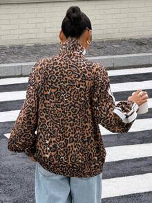 Muchica Women's Leopard Print Contrast Stripe Frog Button Jacket Casual Loose Fit Stand Collar Outerwear, Fashion Brown Animal Pattern Streetwear Coat - Brown - View 2