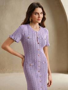 Anewsta Purple Autumn Elegant Tea Party Dress For Women,Knitted Cable Knit Buttoned Mermaid Hem Frill Trim Perforated Twist Rope Aran Solid Long Sleeve Dress - Mauve Purple - View 4