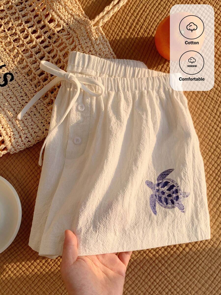 Comfortcana Quần short nữ đa năng in hình rùa biển, kiểu dáng buộc eo. - trắng - Xem 1