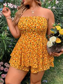 Sunnyshic Plus Size Women Orange Ditsy Floral Strapless Layered Hem Jumpsuit - Orange - View 4
