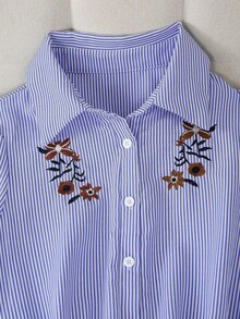 SHEIN Franclia 女士春夏法式优雅简约翻领短袖刺绣腰带露脐休闲蓝色条纹连体裤 - 藏蓝色 - 查看 5