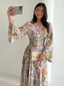 Al Najma 女士印花3D花朵拼接长袖阿拉伯风格连衣裙 - 彩色 - 查看 1