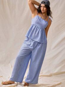 Nubod Plus Size Women Blue And White Camisole And Casual Boho Pants Vacation Set Beach Vacation Summer - Blue - View 6
