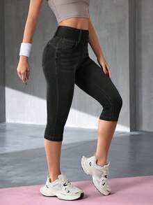 SHEIN Unity 女款休閒水洗修身七分牛仔褲 - 黑色 - 查看 4