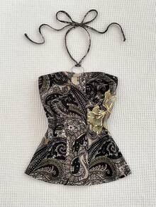 Elamini Tall Áo hai dây nữ mùa hè, kiểu dáng giản dị, thoải mái, họa tiết paisley đính sequin và hoa, trang trí tối giản. - Nhiều màu - Xem 1