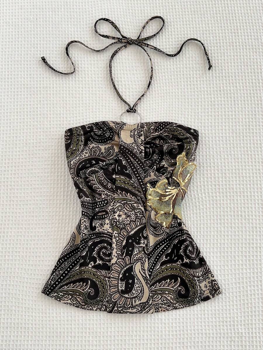 Elamini Tall Áo hai dây nữ mùa hè, kiểu dáng giản dị, thoải mái, họa tiết paisley đính sequin và hoa, trang trí tối giản. - Nhiều màu - Xem 1