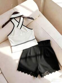 Franclia Bộ đồ nữ mùa xuân hè thanh lịch, năng động, phong cách K-Pop cá tính, phối đen trắng gồm áo yếm và quần short cạp cao viền ren, kiểu dáng nhóm nhạc nữ K-Pop gợi cảm. - Đen và trắng - Xem 2