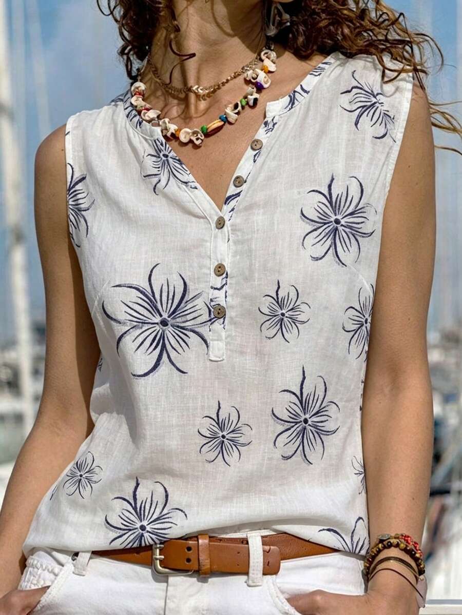 SHEIN Holidaya 夏季花卉印花翻领纽扣休闲背心 - 白色 - 查看 1