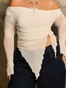 Lele Munniz Blusa de manga larga con cuello y bajo asimétricos y cordón para mujer de talla grande y unicolor - Blanco - Ver 3