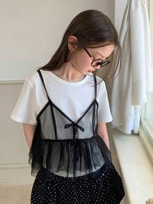 Dazy Kids Blusa de verano informal para niñas preadolescentes con decoración de lazo, volantes y tela de malla transparente - Negro - Ver 4