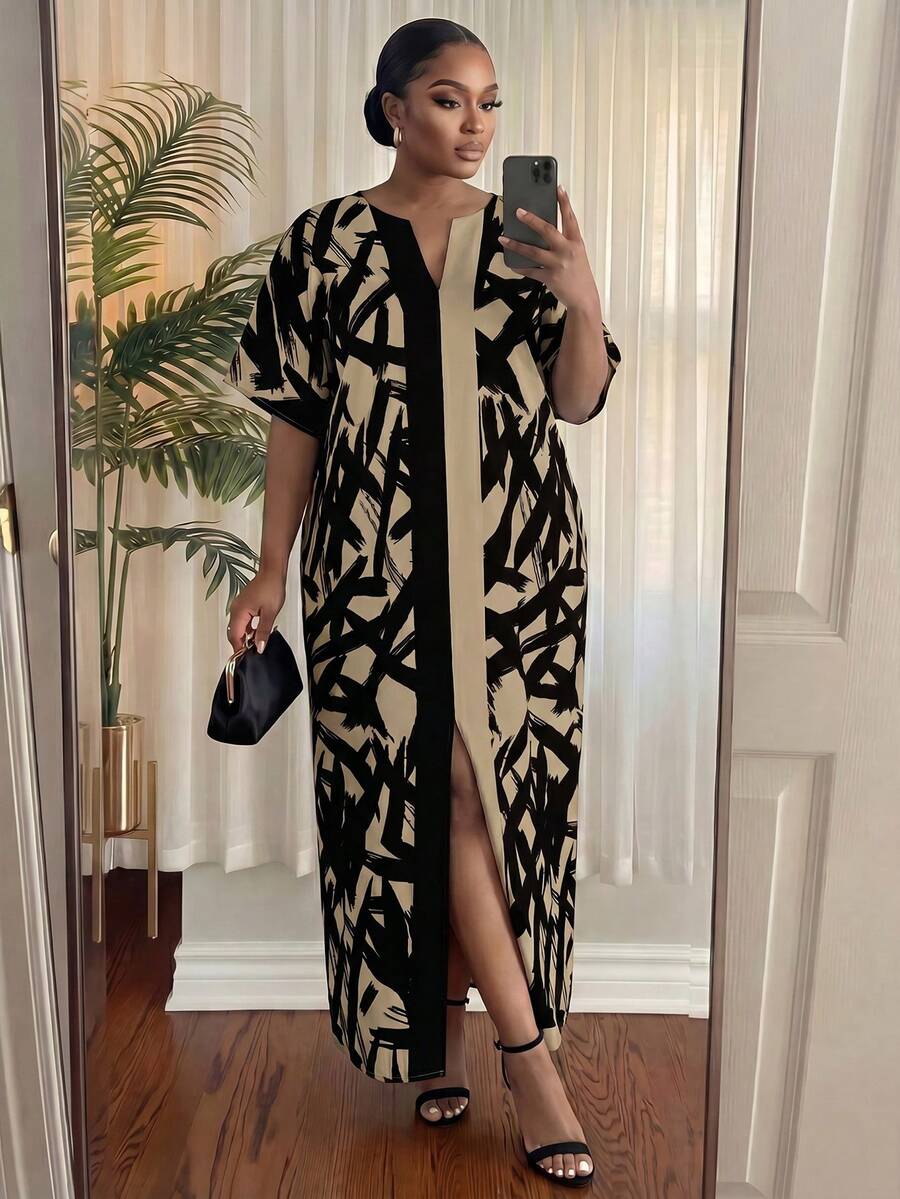 SHEIN Lady CURVE Modern Plus Size Multicolor Abstract Pattern Maxi Dress With V Neck For Resort Wear Women - Multicolor - View 1