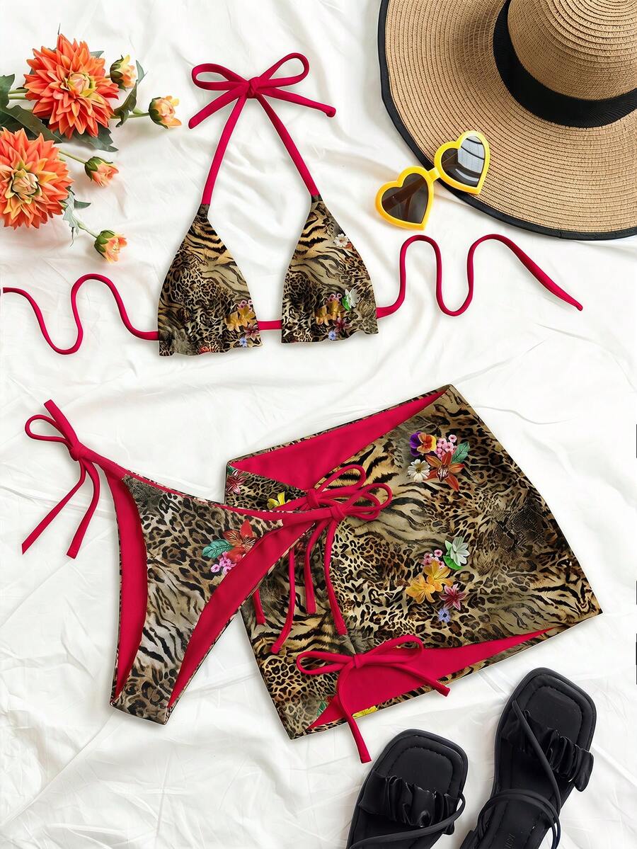 Soleia Bộ bikini họa tiết da báo mới dành cho nữ, kèm váy, họa tiết đồng bộ, kiểu buộc dây cổ, thiết kế thời trang và gợi cảm. - Nhiều màu - Xem 1