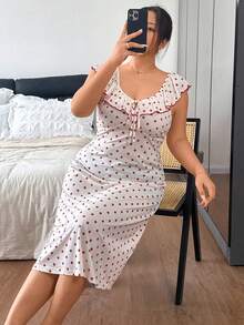 Napfluff CURVE Napfluff CURVE Plus Size Women's Red Polka Dot Print Ruffle Trim Soft Comfortable Icy Silk Knit Midi Dress, Sweet Romantic Style For Sleepwear Or Outerwear - Red - View 1