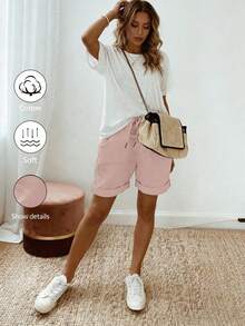 SHEIN Holidaya Quần short nữ mùa hè mới, chất liệu linen, kiểu dáng thường ngày, có dây rút ở eo và gấu quần được cuộn lên, mang đến vẻ ngoài thoải mái nhưng vẫn thanh lịch, phù hợp cho những buổi đi chơi hàng ngày, kỳ nghỉ hoặc những dịp thường nhật nhẹ nhàng. Đây là một món đồ đa năng trong dòng quần short thường ngày có dây rút, quần dài màu kaki thanh lịch và quần ống rộng ôm dáng. - Hồng - Xem 3