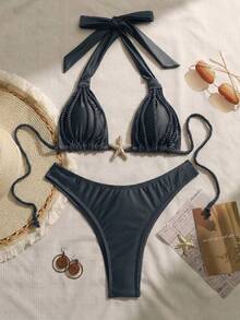 Swim Chiccia 女款 2 件式復古性感優雅浪漫荷葉邊細肩帶設計咖啡棕色海灘泳衣 - 灰色 - 查看 3