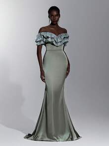 Elitara Elegant Minimalist Classical Design Woven Off-Shoulder Romantic Pleated Double-Layer Mermaid Hem Formal Evening Gown - Green - View 1