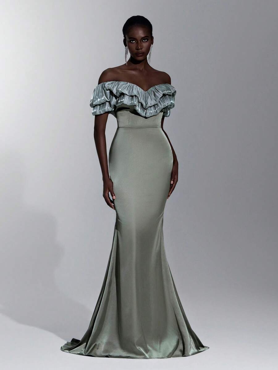 Elitara Elegant Minimalist Classical Design Woven Off-Shoulder Romantic Pleated Double-Layer Mermaid Hem Formal Evening Gown - Green - View 1