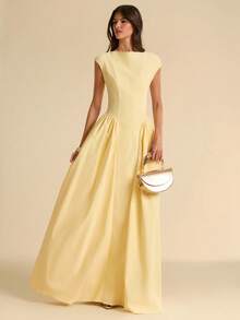 SHEIN BAE Đầm ngắn tay màu vàng trơn, dáng chữ A, ôm eo, thanh lịch, phong cách vintage, thích hợp cho sinh nhật, tiệc trà, tiệc brunch, tựu trường, tiệc chiêu đãi, tiệc tùng. - Màu vàng - Xem 3