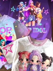 3pcs/Set Young Girl Cartoon Character Print Colorful Gradient Short Sleeve Basic T-Shirts, Suitable For Spring And Summer, Featuring K-Pop Superstars - Multicolor - View 7