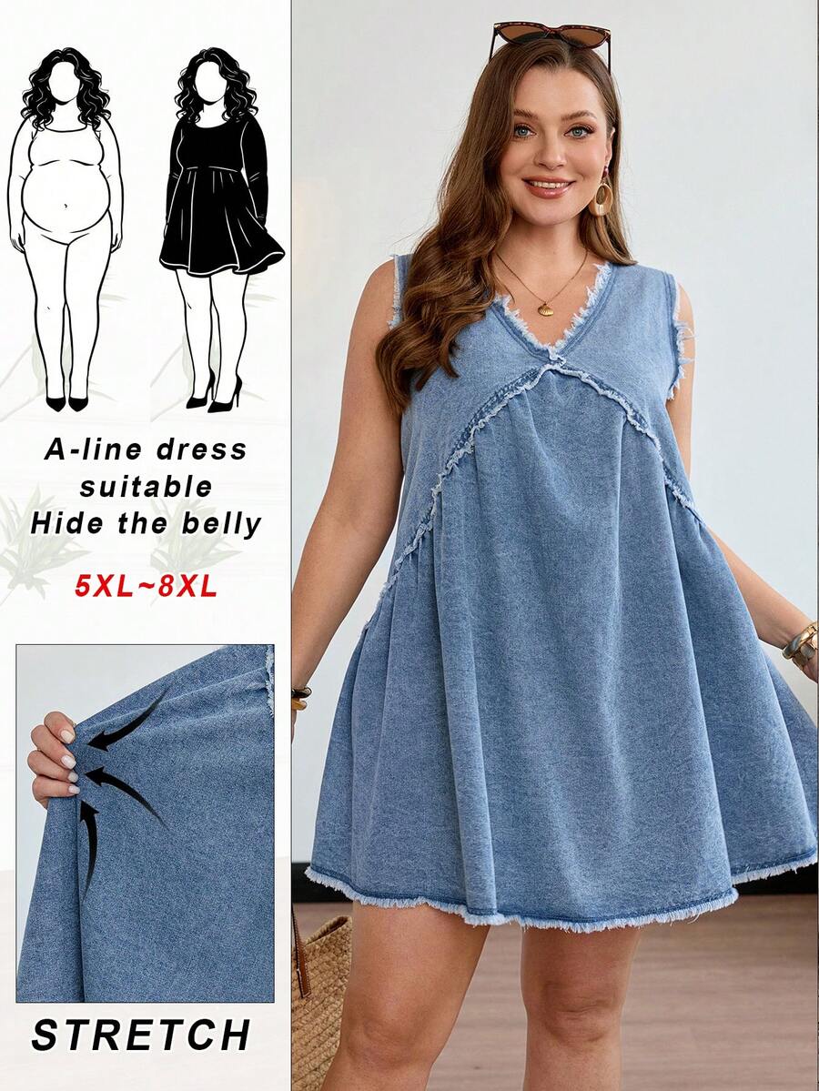 SHEIN CURVE+ 大码女式休闲百搭毛边牛仔连衣裙 - 淺色水洗藍 - 查看 1