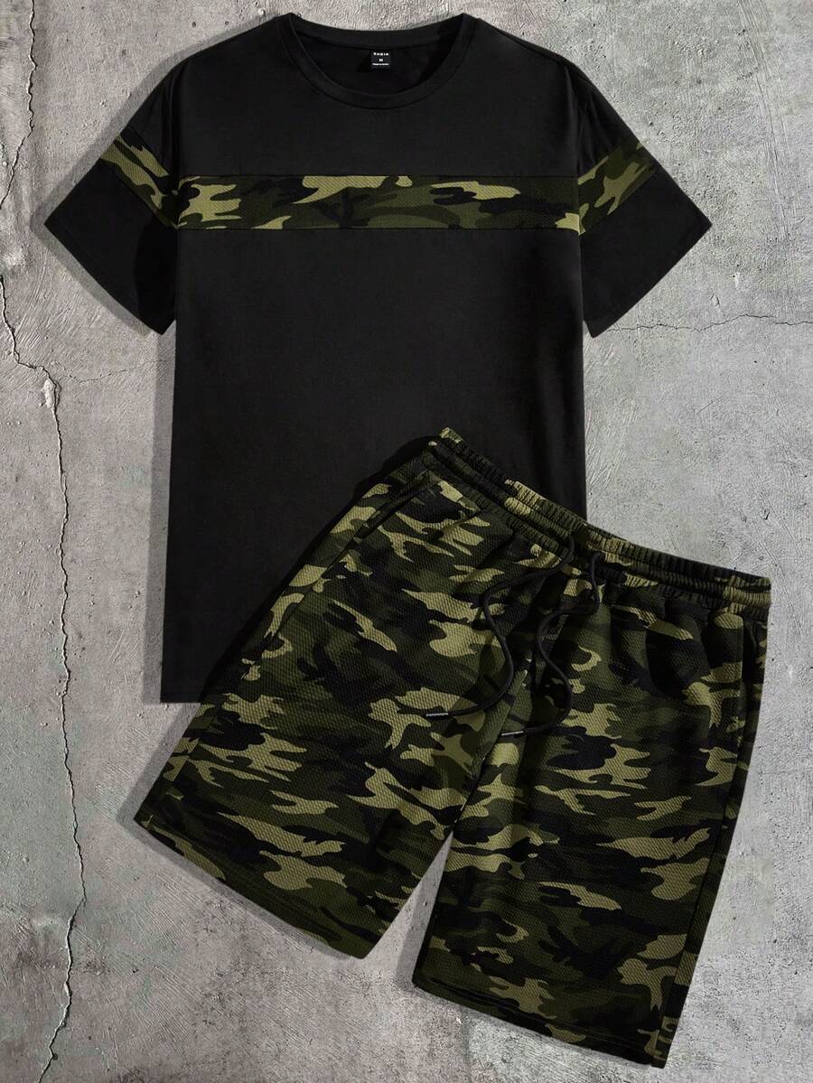 AXEPEAK 男士迷彩印花针织短袖T恤和短裤套装夏季服装 - 彩色 - 查看 1