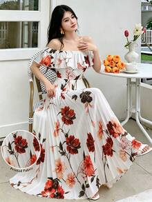 Modelyn Đầm nữ in hoa, trễ vai, xếp ly bồng bềnh, thanh lịch, lãng mạn, dáng chữ A, kiểu dáng nghỉ mát. - Nhiều màu - Xem 6