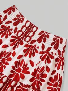 Gownix Damen romantisches, elegantes 2-teiliges Urlaubsset: Top mit Blume Muster und Flügelärmel und geraffter Midi-Rock, geeignet für den Sommer - Rot-Weiß - Übersicht 5