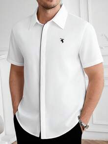 Core Aspect Men's Solid Color Embroidered Contrast Placket Design Business Casual Short Sleeve Shirt, Formal - White - View 7