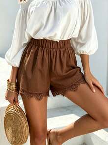 EMERY ROSE Women's Solid Color Elastic Waist Contrast Lace Loose Shorts - Coffee Brown - View 3