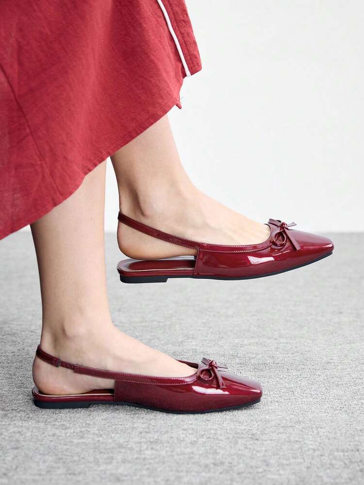 CUCCOO BIZCHIC Women Shoes Small Square Toe Flat Bottom Burgundy Mirror Bow Women Low Vamp Flat Bottom Shoes Light Comfortable Simple Commuting Daily Versatile Women Flat Shoes