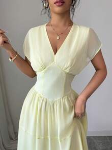 SHEIN Clasi Women's Casual Elegant Chiffon Shirred Short Sleeve Dress With Layered Ruffle Hem, Elastic Waist, Suitable For Commute, Vacation, Afternoon Tea, Party - Light Yellow - View 1