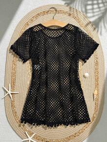 SHEIN Plus Size Girls' Mesh Short Sleeve Coverup - Black - View 2