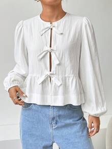 SHEIN EZwear Áo sơ mi nữ màu trắng dệt kim, kiểu dáng thường ngày, thắt nơ phía trước, tay phồng. - trắng - Xem 4