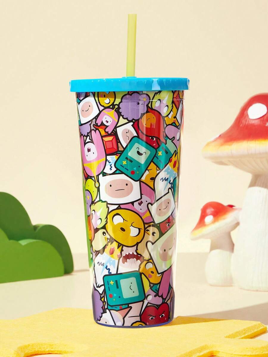 ADVENTURE TIME X SHEIN 24盎司/700毫升激光酷炫平底杯,带心形闪光 - 淺藍色 - 查看 1