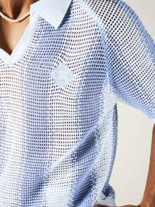 SUMWON Relaxed Fit Knitted Resort Polo Shirt With Open V-Neck Collar Mesh Texture Summer Vacation Top - Blue and White - View 6