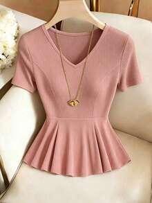 Elenzga Women's Solid Color V-Neck Short Sleeve Ruffle Rib T-Shirt, Summer - Pink - View 8