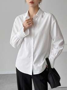 DAZY Camisa con puños plisados y hombros caídos, blusas de manga larga, ropa de otoño con estilo preppy - Blanco - Ver 9