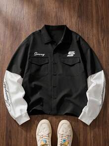 SWAVVY Camisa de hombre con parches de color contrastante y estampado de letras 2 en 1 - Negro - Ver 1