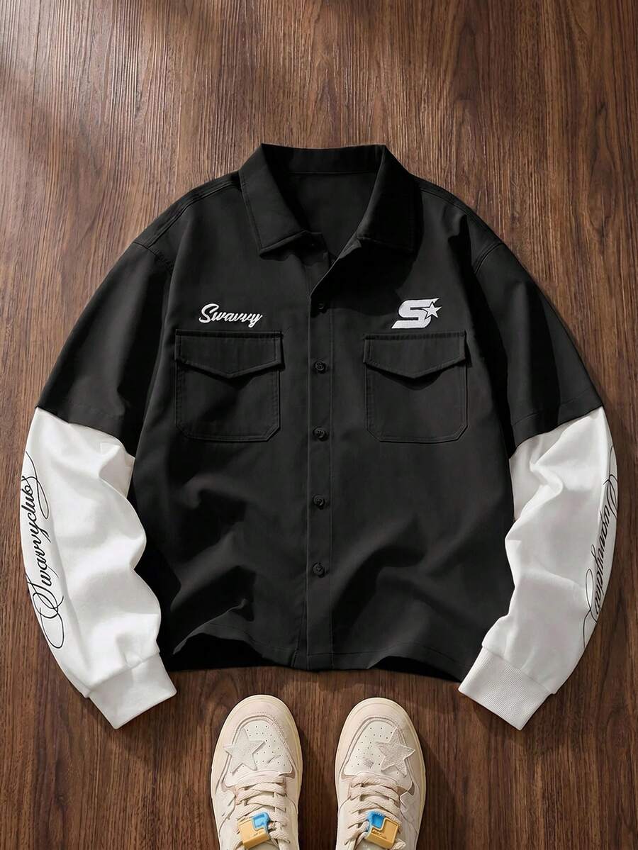 SWAVVY Camisa de hombre con parches de color contrastante y estampado de letras 2 en 1 - Negro - Ver 1