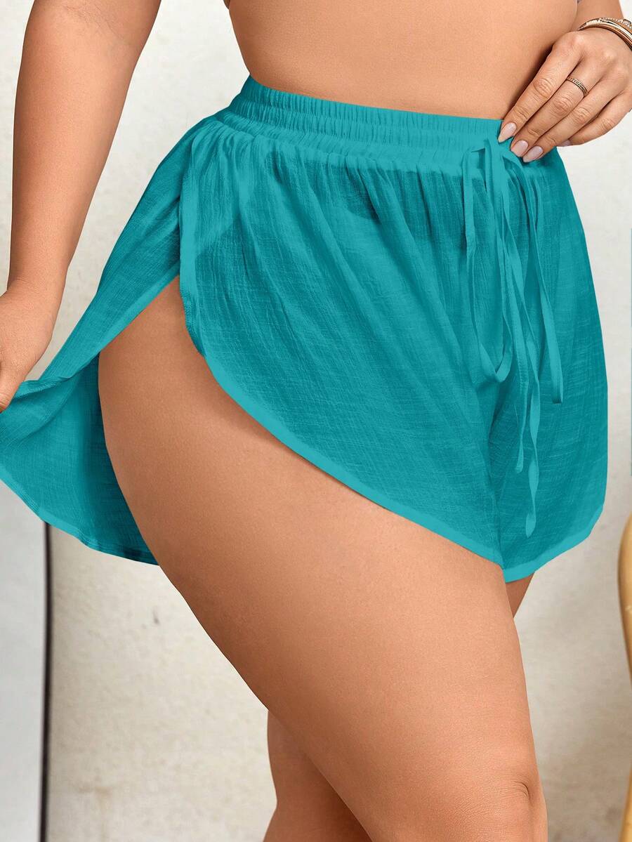 SHEIN Swim Curve Quần short và áo khoác ngoài cỡ lớn, màu trơn, cạp chun, chất liệu xuyên thấu, xẻ tà. - Màu xanh ngọc - Xem 1